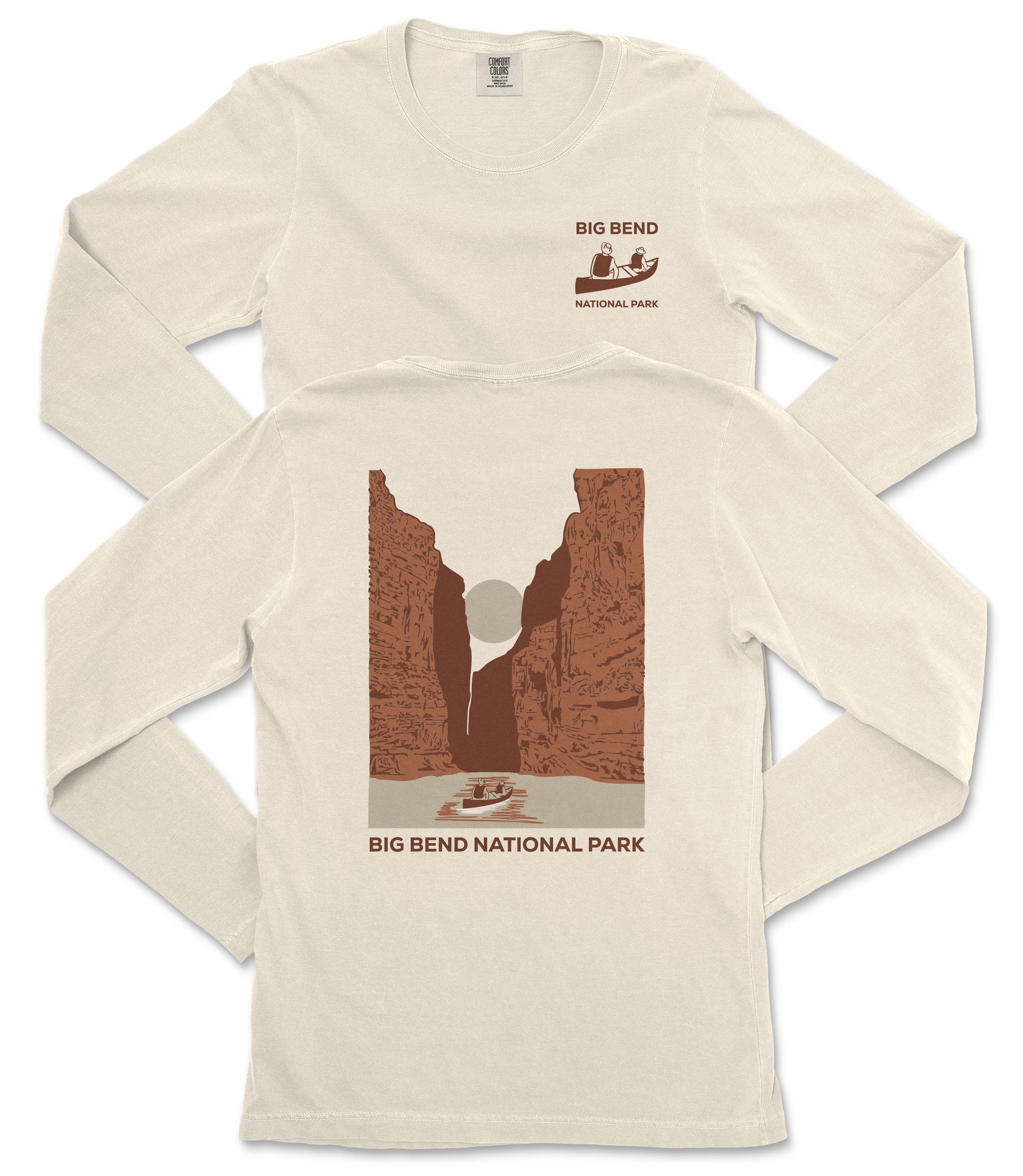 a white long-sleeved t-shirt with a graphic design depicting a canyon and a boat on a river. The text on the t-shirt reads "BIG BEND NATIONAL PARK" and "BIG BEND".