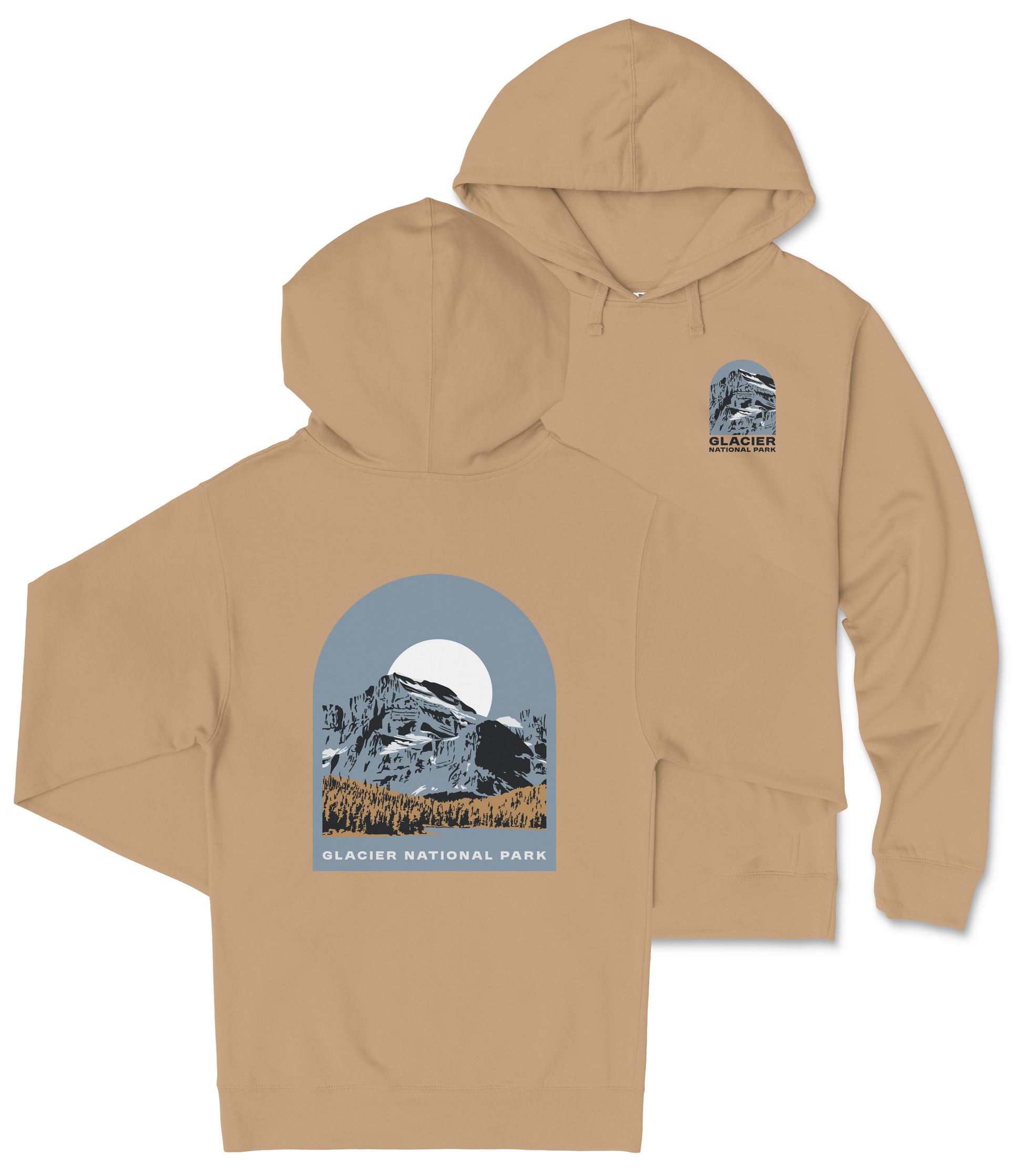 A beige hoodie with a graphic design depicting a mountain landscape and the text "Glacier National Park" printed on it.