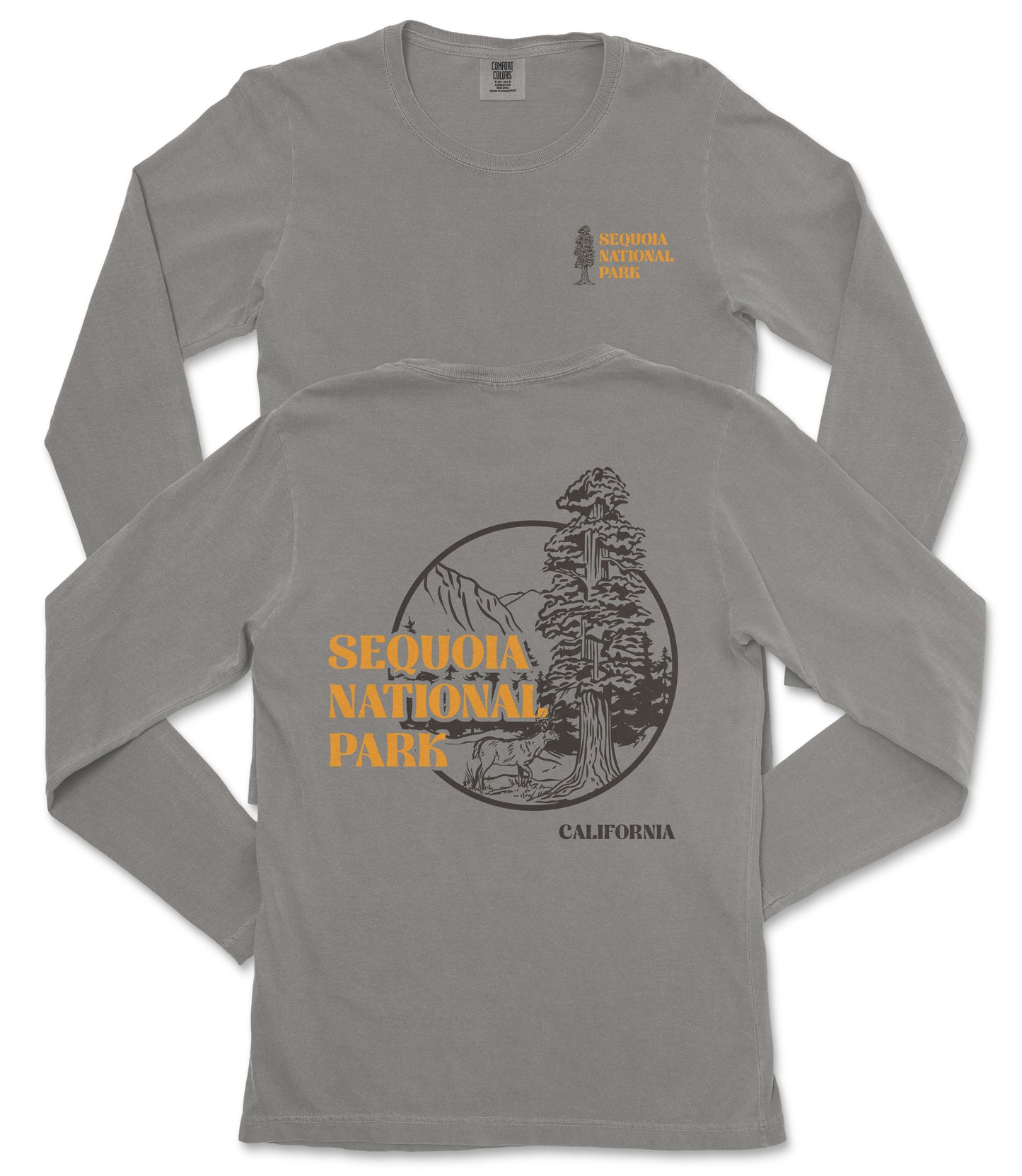 a gray long-sleeved t-shirt with a graphic design and text printed on the back.