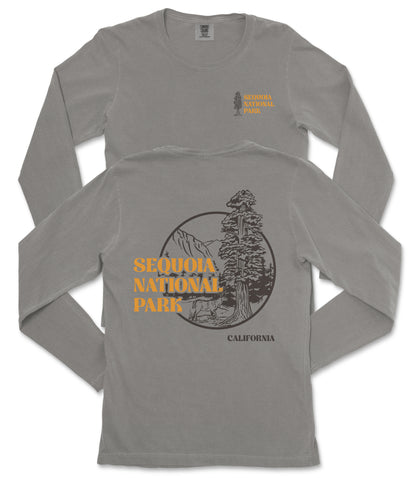 a gray long-sleeved t-shirt with a graphic design and text printed on the back.