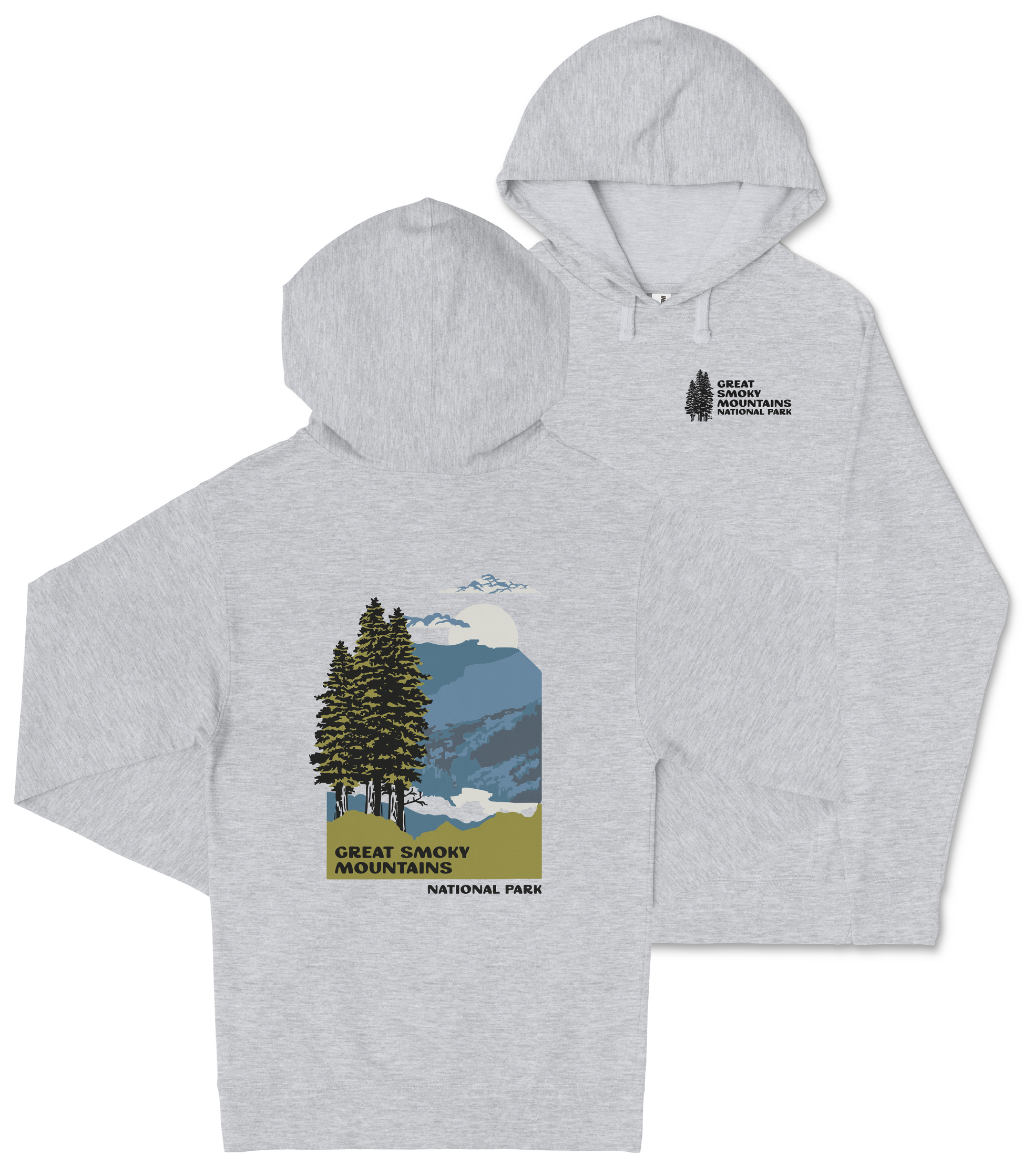 A gray hooded sweatshirt with a graphic design depicting a mountain landscape with pine trees and mountains.