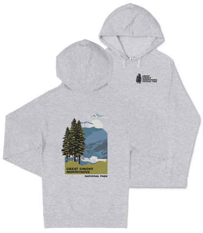 A gray hooded sweatshirt with a graphic design depicting a mountain landscape with pine trees and mountains.