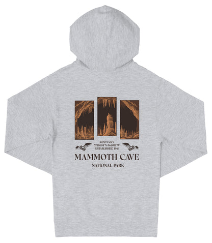 A grey hooded sweatshirt with a graphic design depicting the Mammoth Cave National Park in Kentucky.