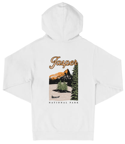 A white hooded sweatshirt with a graphic design depicting a scenic landscape with mountains, pine trees, and a lake.