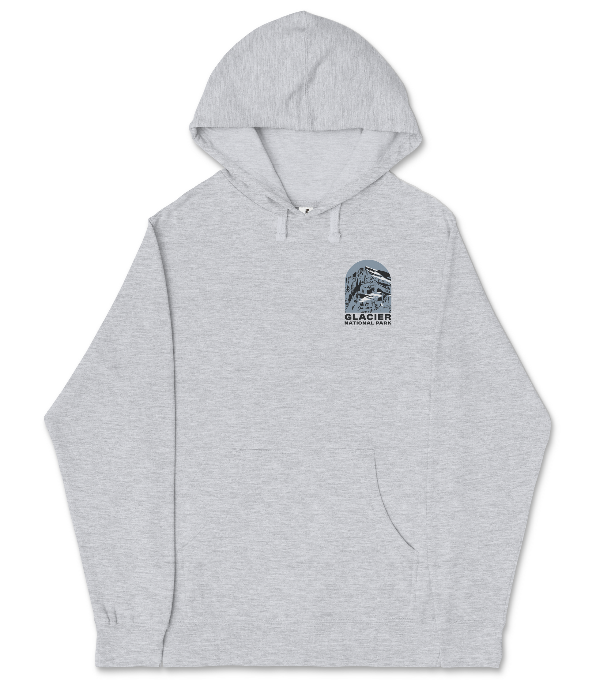 A gray hooded sweatshirt with a graphic design on the front.