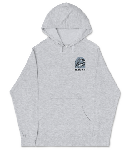 A gray hooded sweatshirt with a graphic design on the front.