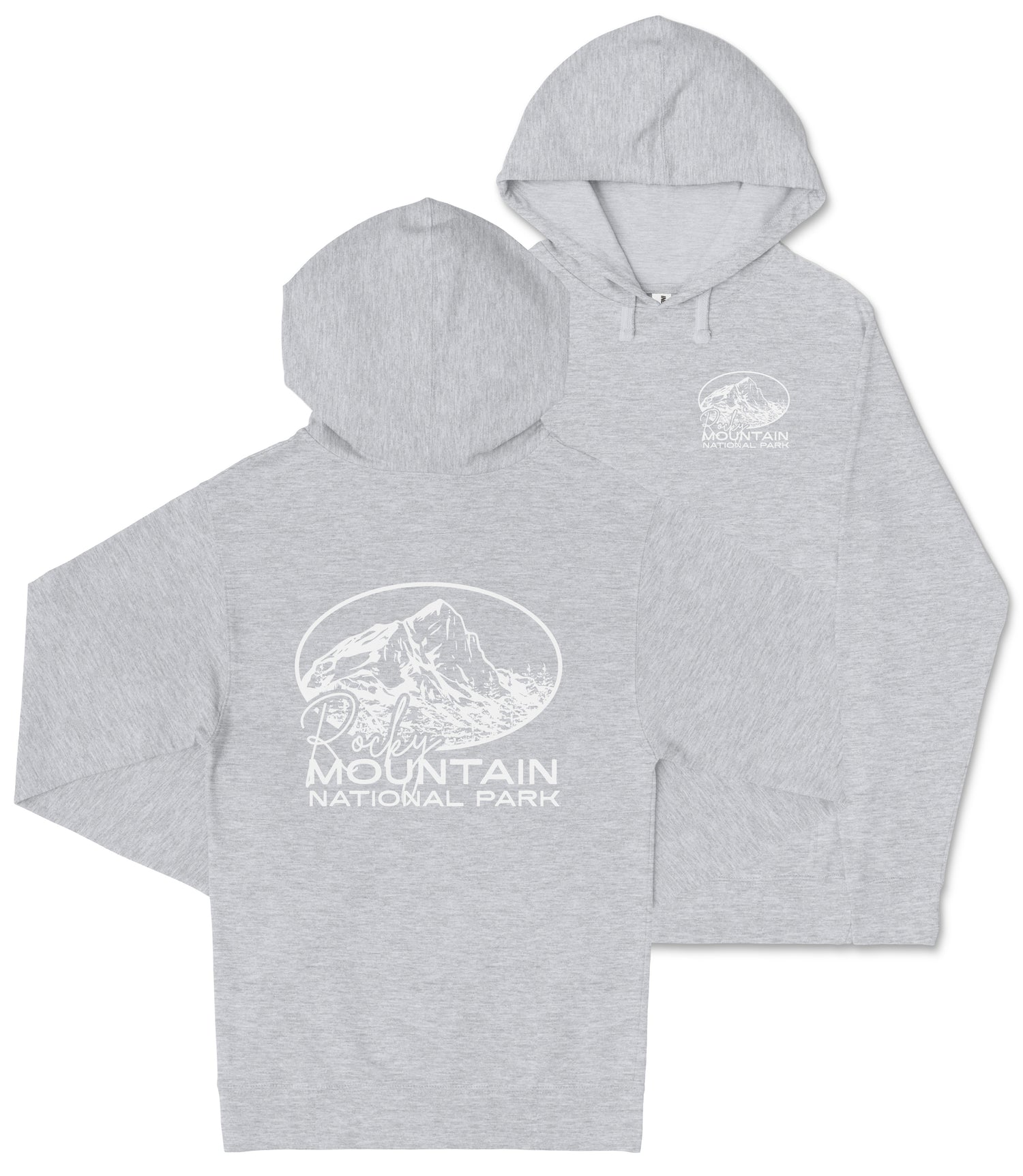 A gray hooded sweatshirt with a graphic design and text printed on it.