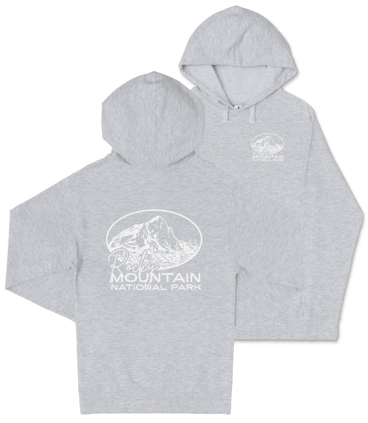A gray hooded sweatshirt with a graphic design and text printed on it.
