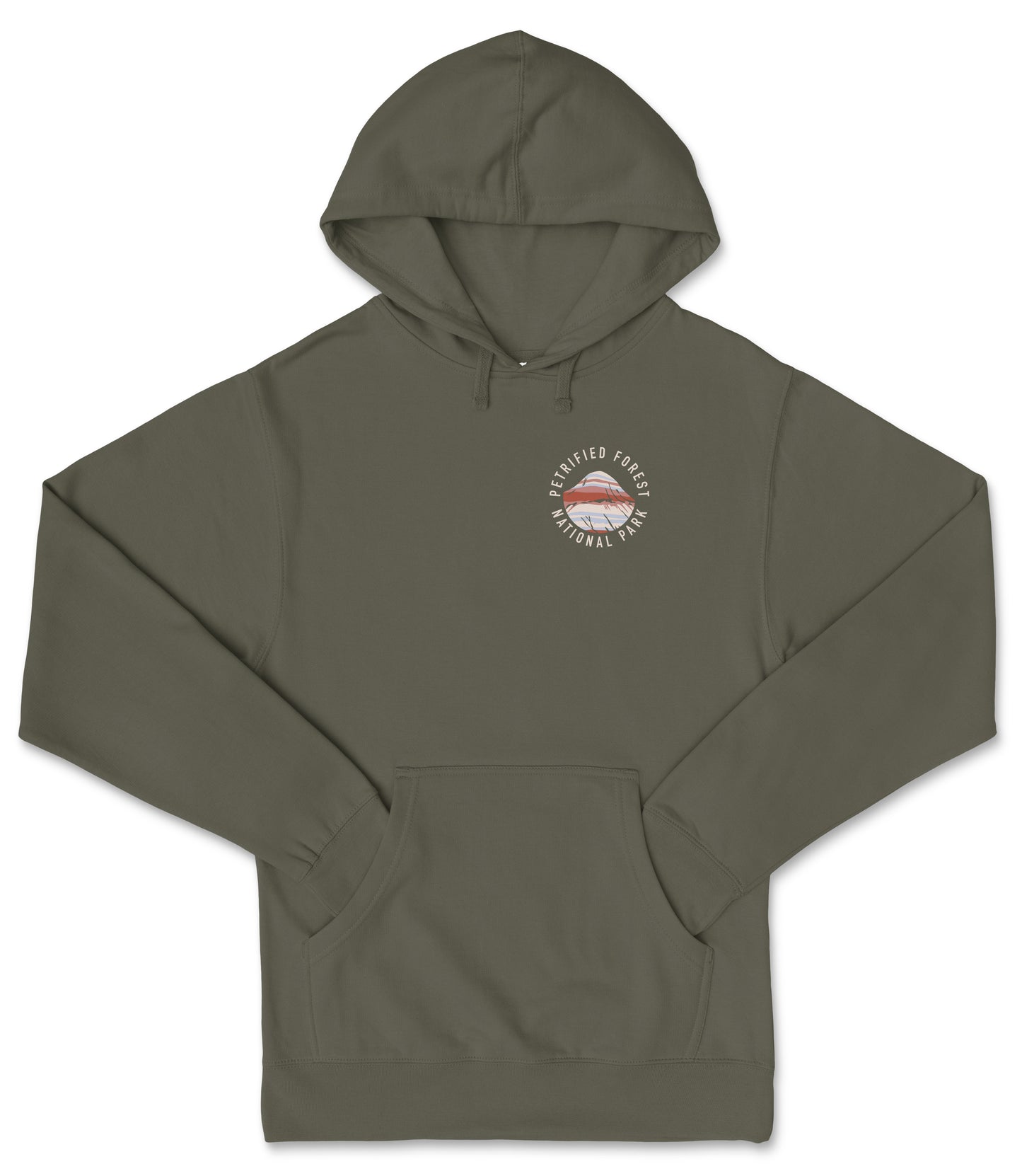 A dark green hooded sweatshirt with a logo on the front.