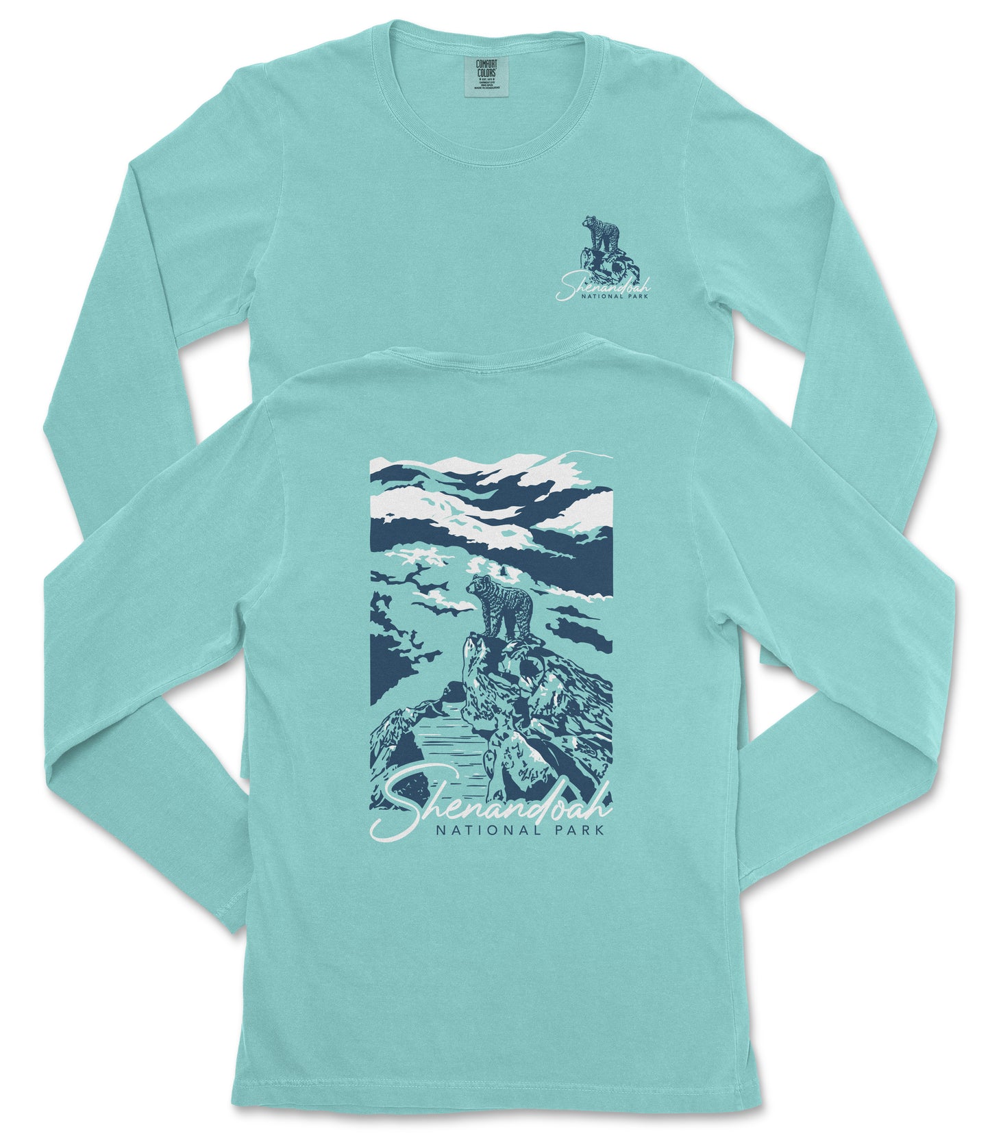 A turquoise long-sleeve t-shirt with a graphic design depicting a mountain landscape and a bear. The text on the t-shirt reads "Sterling National Park".