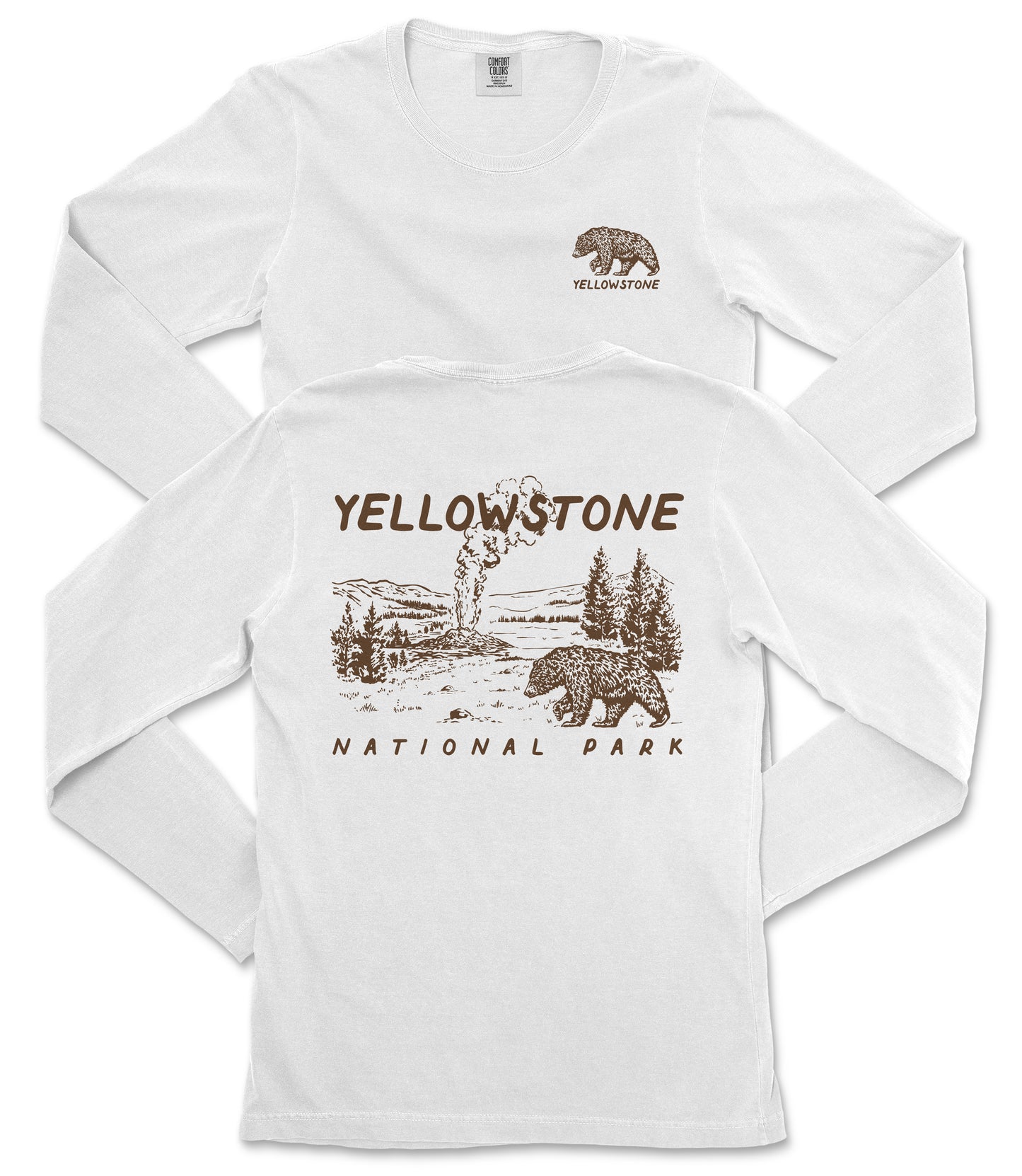 A white long-sleeved t-shirt with a graphic design depicting a bear and a landscape, along with the text "Yellowstone National Park" printed on it.