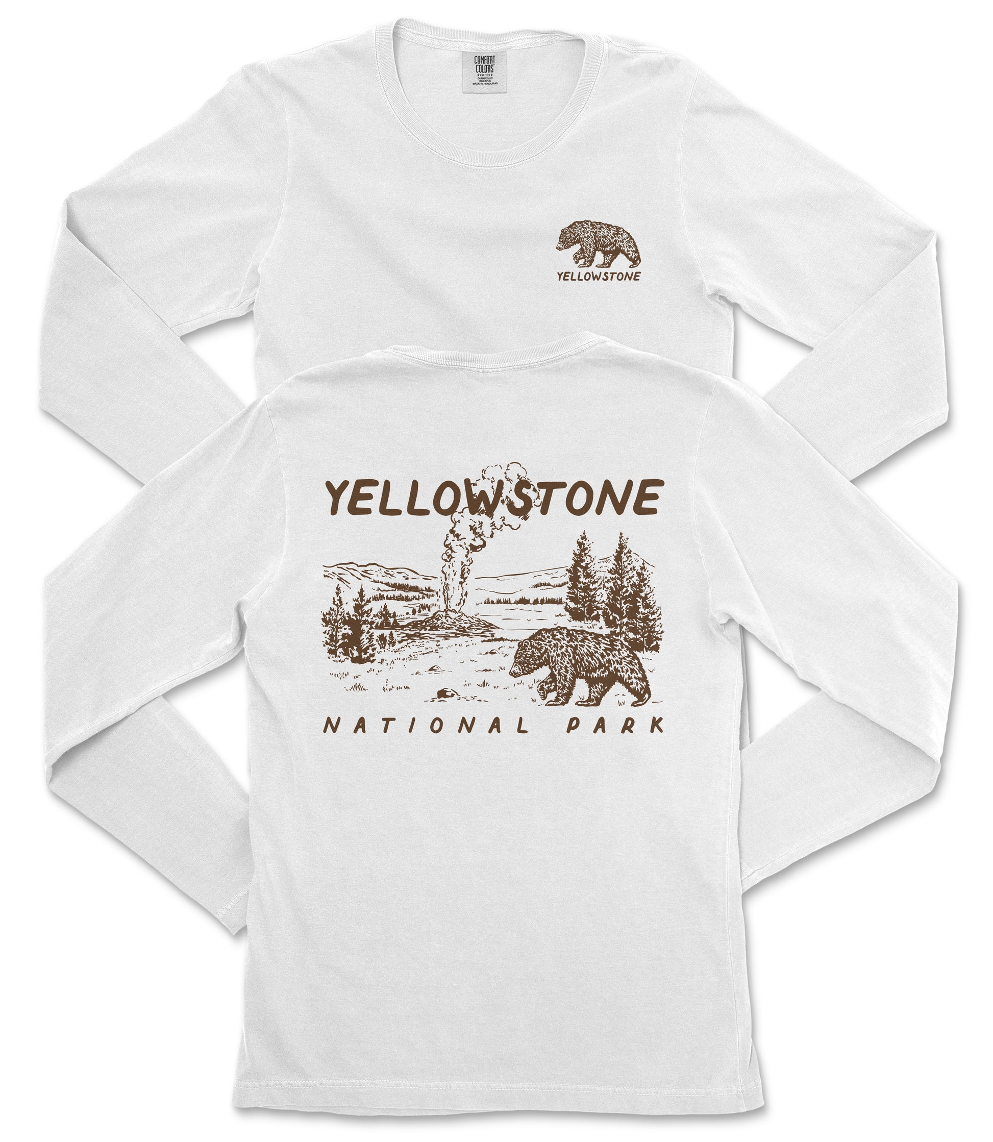 A white long-sleeved t-shirt with a graphic design depicting a bear and a landscape, along with the text "Yellowstone National Park" printed on it.