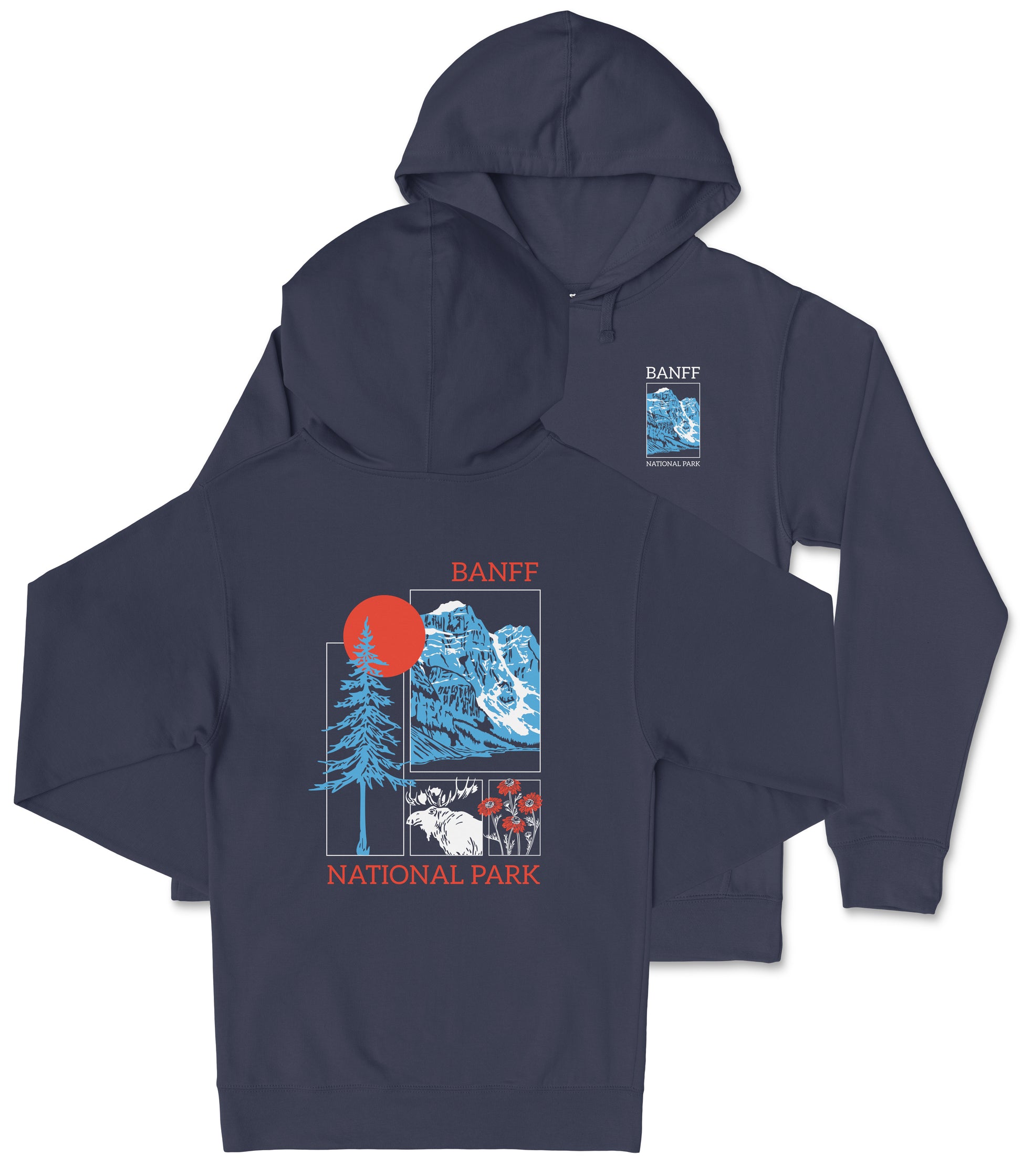a navy blue hooded sweatshirt with a graphic design on the back, depicting a mountain landscape with a sun and clouds.
