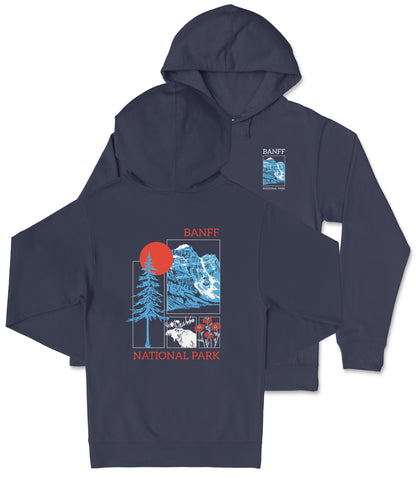 a navy blue hooded sweatshirt with a graphic design on the back, depicting a mountain landscape with a sun and clouds.