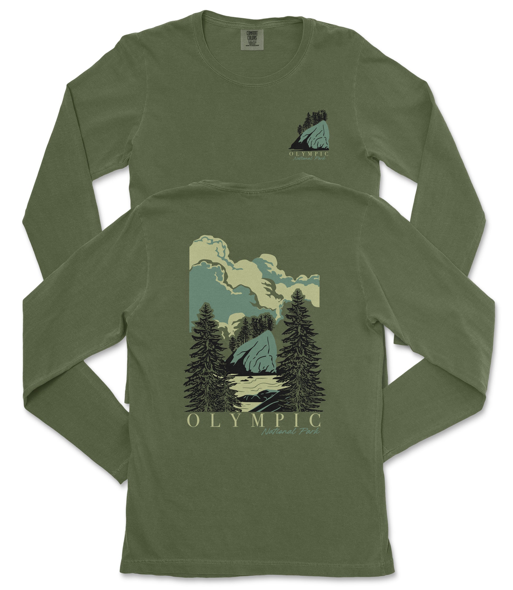 A green long-sleeved t-shirt with a graphic design depicting a mountain landscape with pine trees and clouds.
