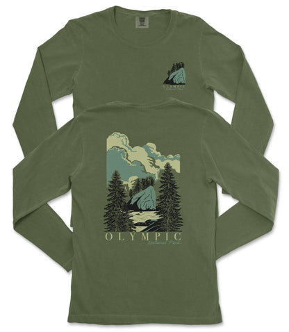 A green long-sleeved t-shirt with a graphic design depicting a mountain landscape with pine trees and clouds.