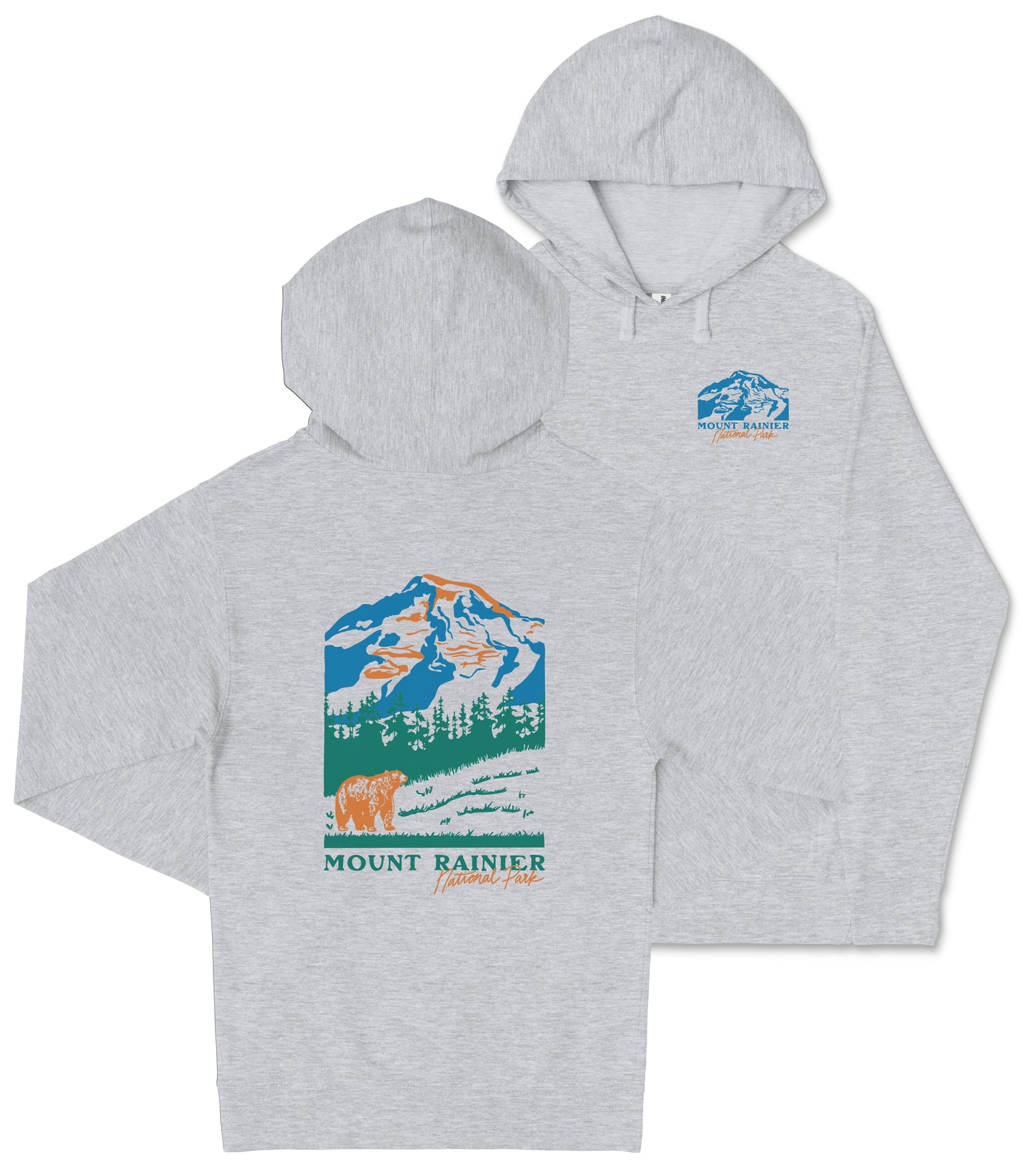A grey hooded sweatshirt with a graphic design depicting a mountain landscape and a bear.