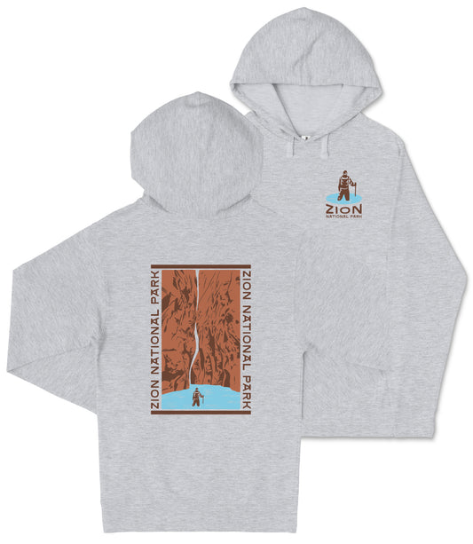 A gray hooded sweatshirt with a graphic design featuring a person climbing a steep cliff, along with the text "ZION NATIONAL PARK" printed on the front.