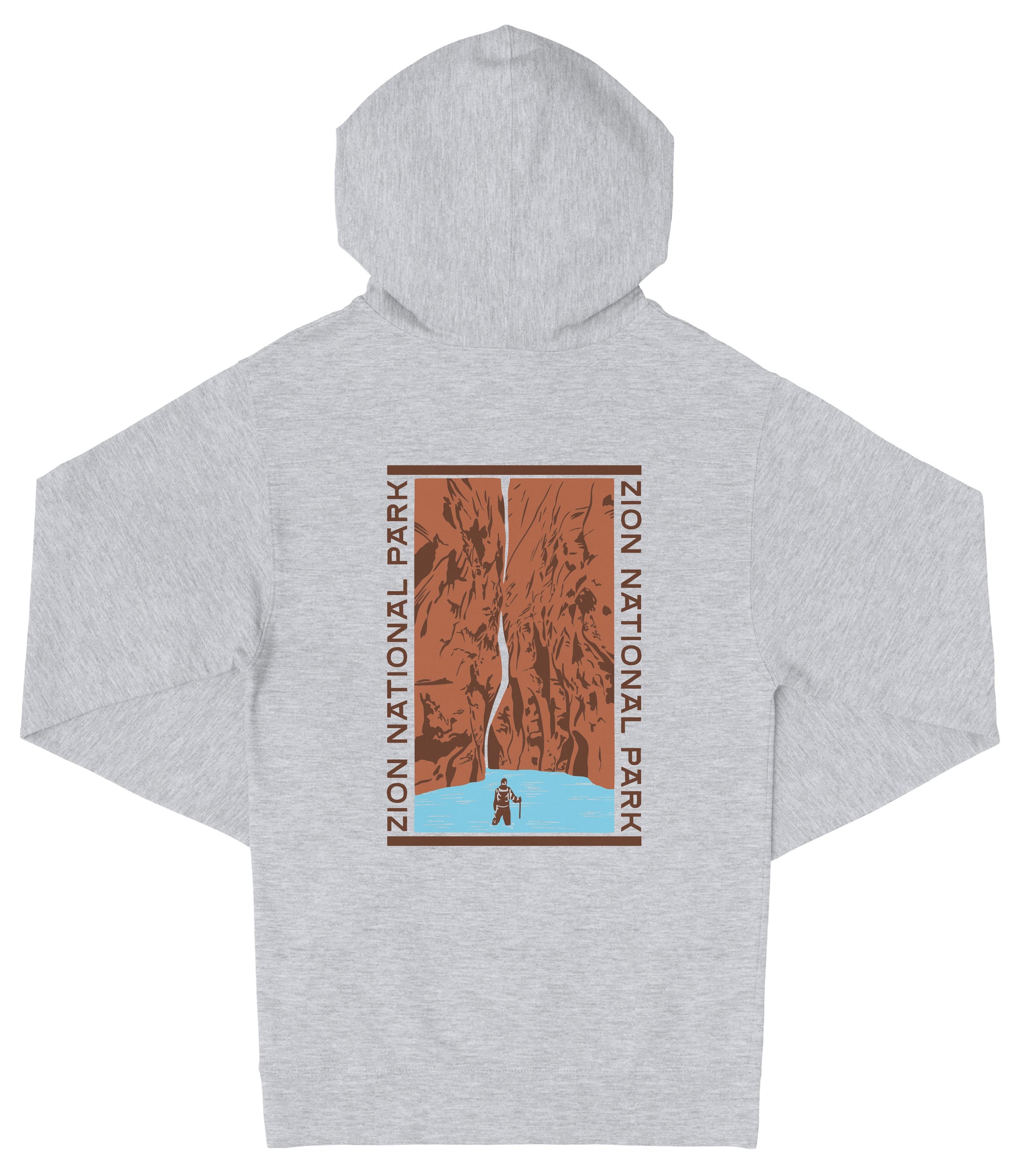 A gray hooded sweatshirt with a graphic design depicting a waterfall and a person standing in the water.