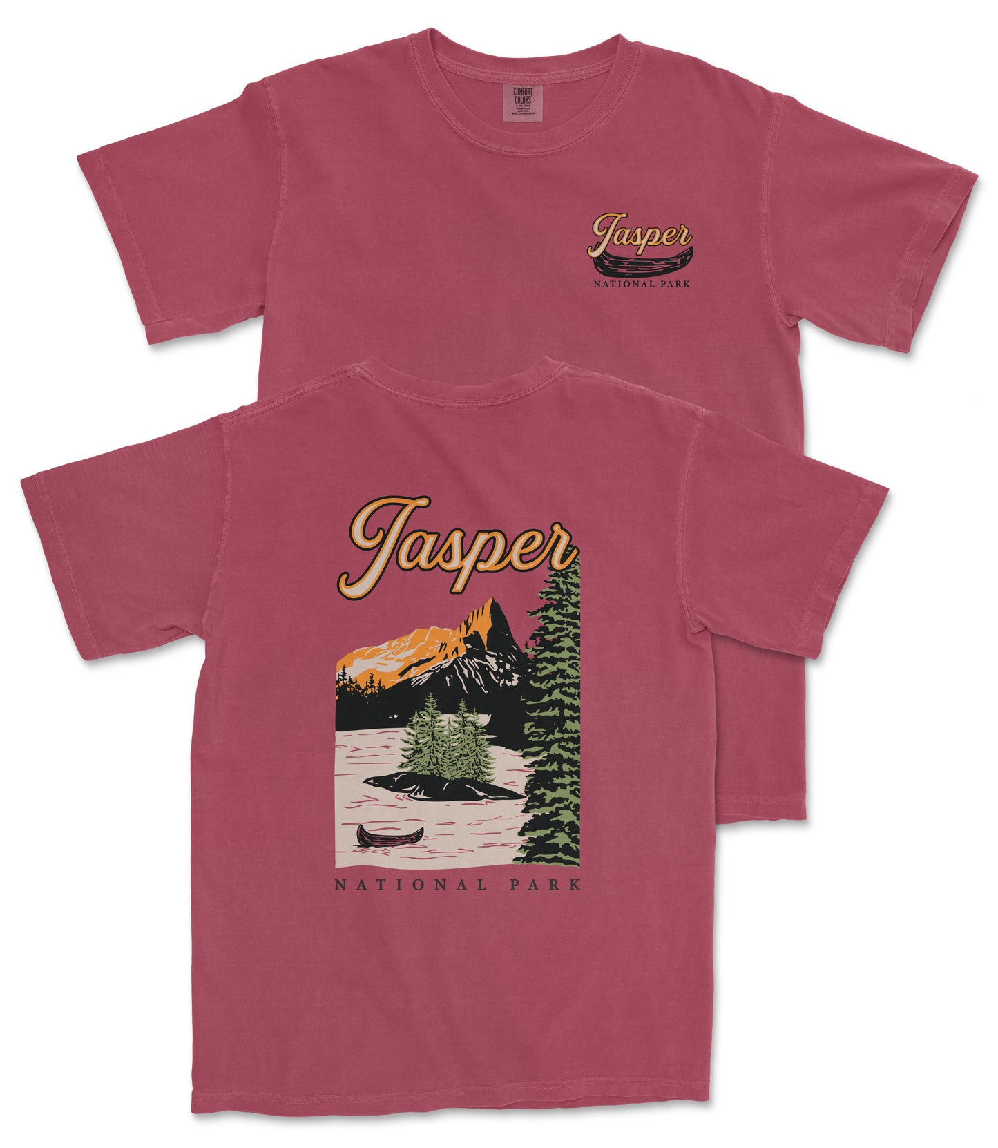 A red t-shirt with a graphic design depicting a scenic landscape with mountains, a lake, and a canoe, along with the text "Jasper National Park".
