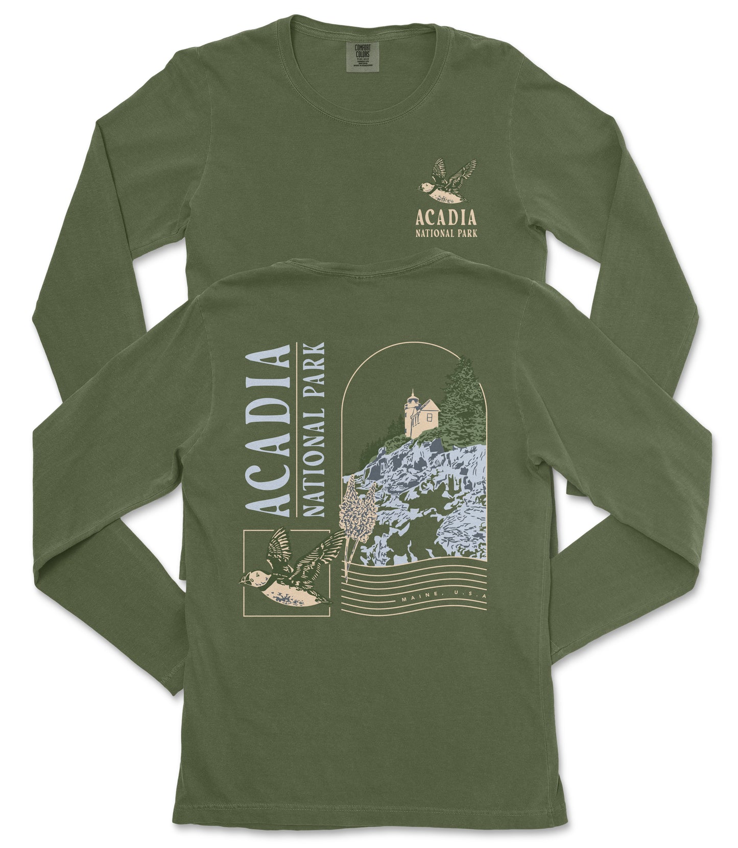 a green long-sleeved t-shirt with a graphic design depicting a scenic view of Acadia National Park.