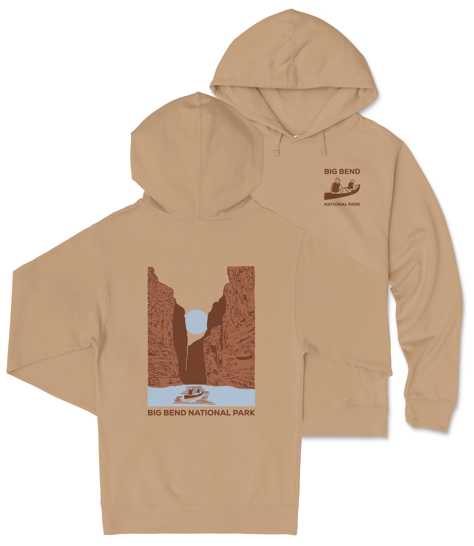 A beige hooded sweatshirt with a graphic design depicting a canyon and a boat on the water, along with the text "BIG BEND NATIONAL PARK".