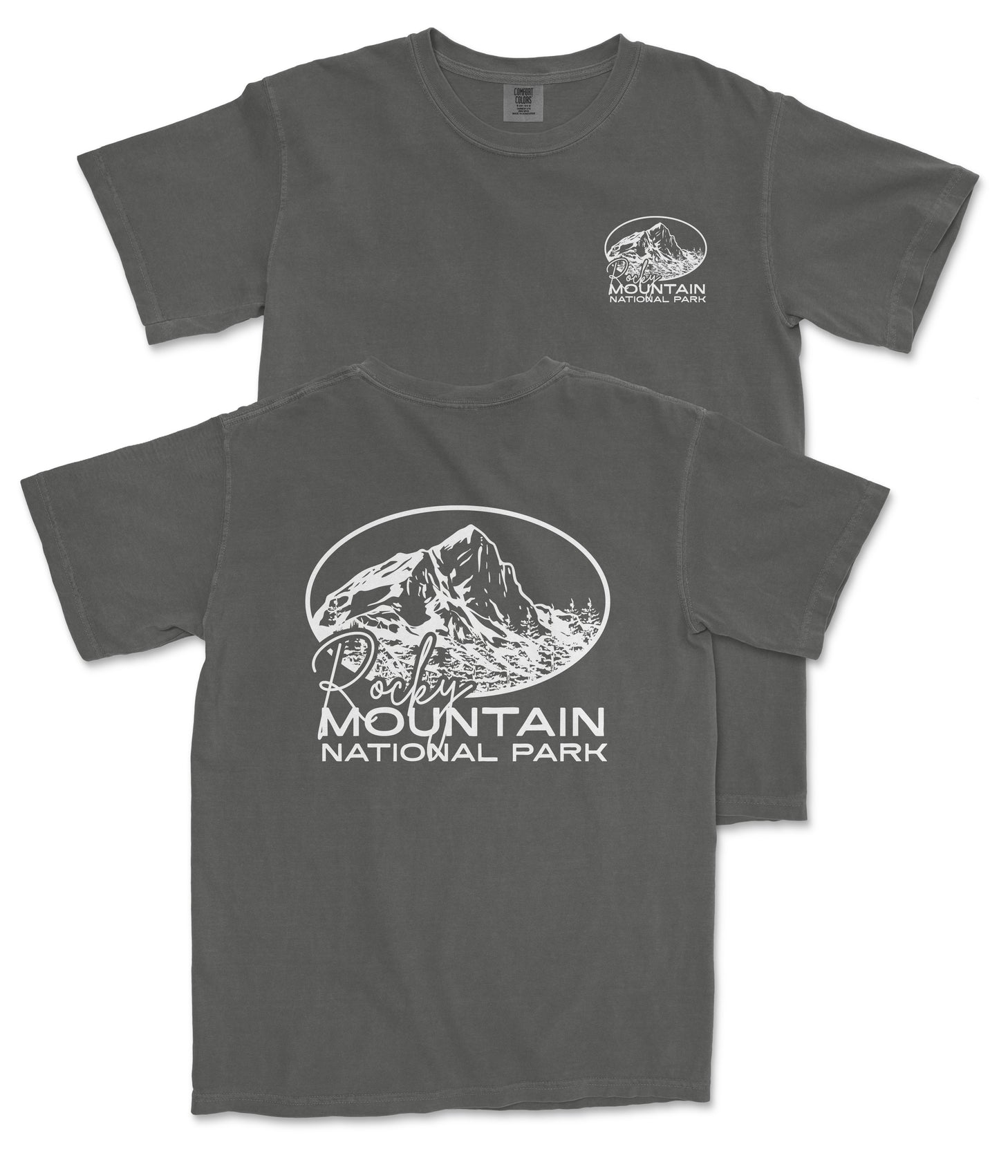 A gray t-shirt with a graphic design featuring a mountain and the text "Poudre Mountain National Park" printed on it.