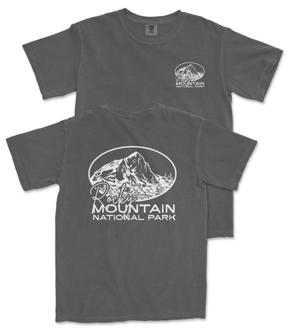 A gray t-shirt with a graphic design featuring a mountain and the text "Poudre Mountain National Park" printed on it.