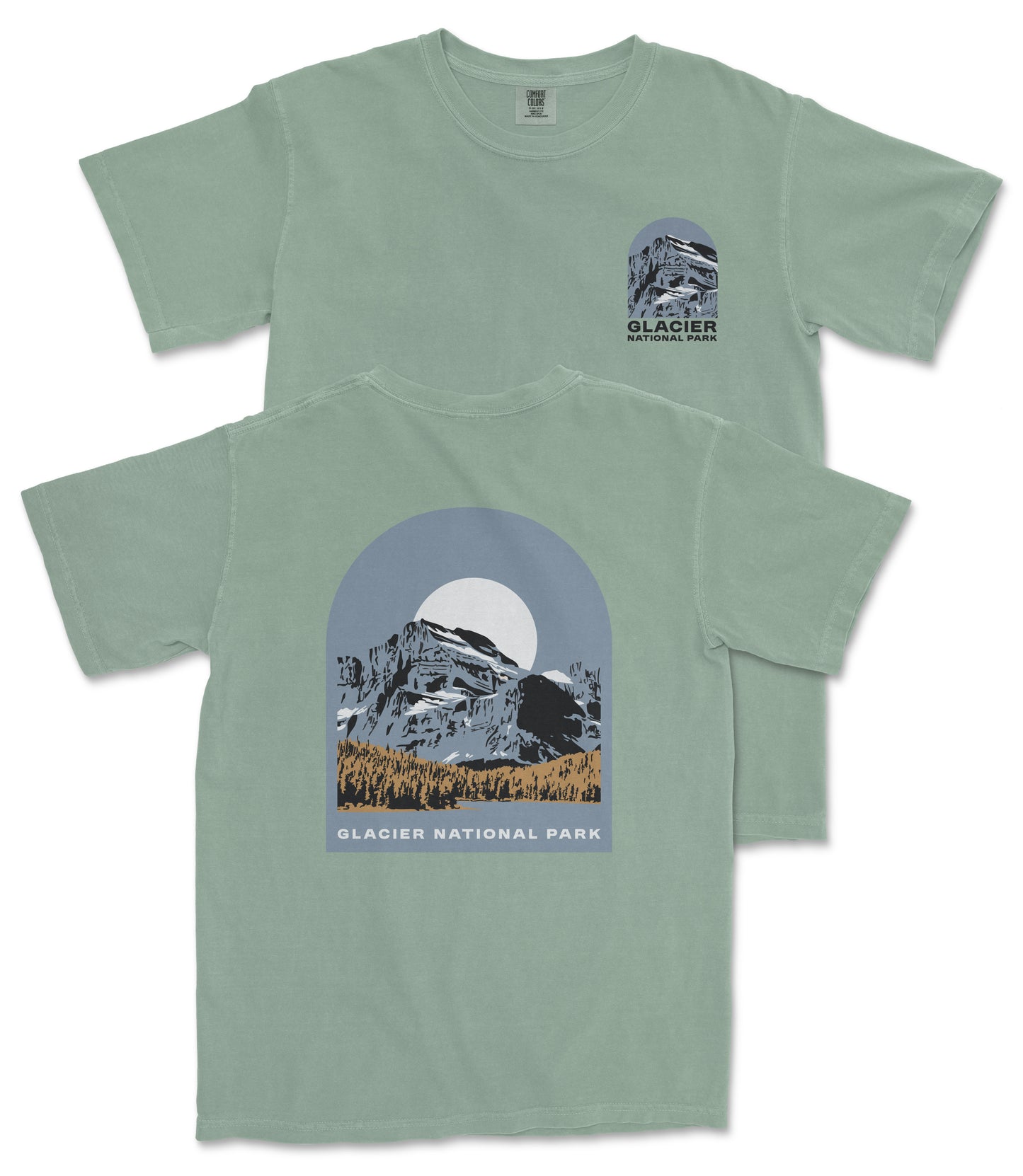 A green t-shirt with a graphic design depicting a mountain landscape and the text "Glacier National Park" printed on it.