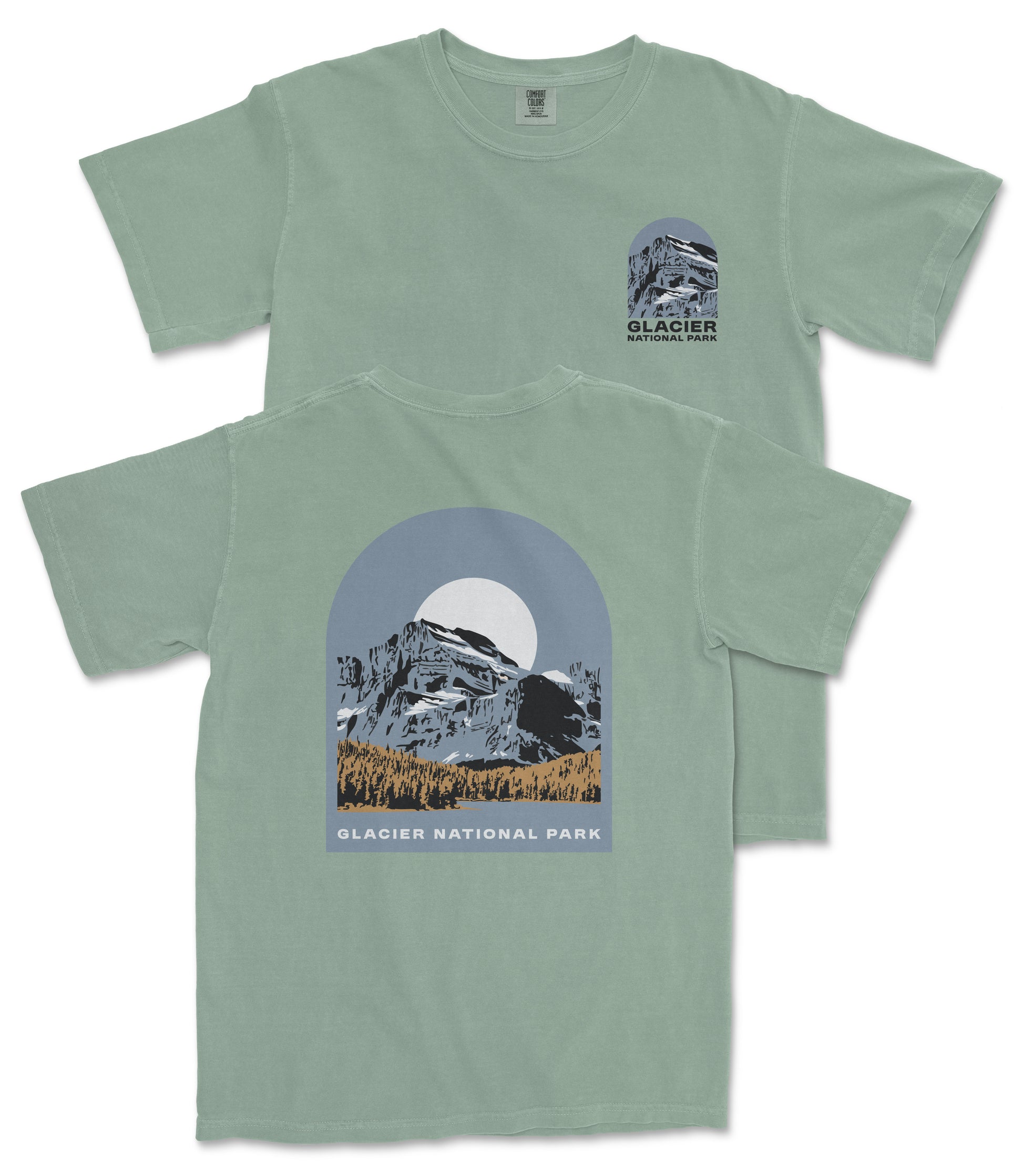 A green t-shirt with a graphic design depicting a mountain landscape and the text "Glacier National Park" printed on it.