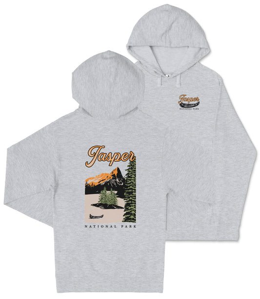 A grey hooded sweatshirt with a graphic design depicting a scenic landscape, including mountains, trees, and a lake.