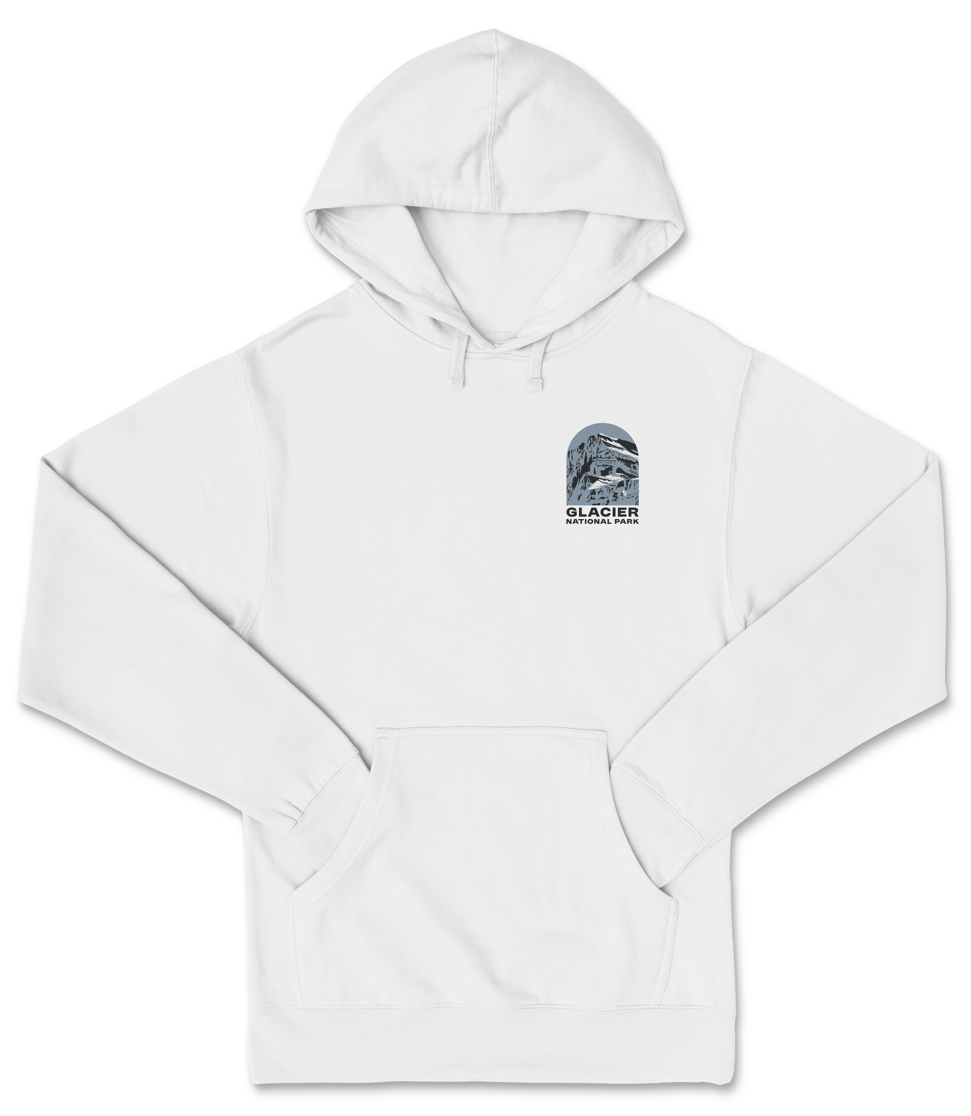 A white hoodie with a graphic design on the front, featuring a stylized image of a mountain range and the text "Glacier National Park".