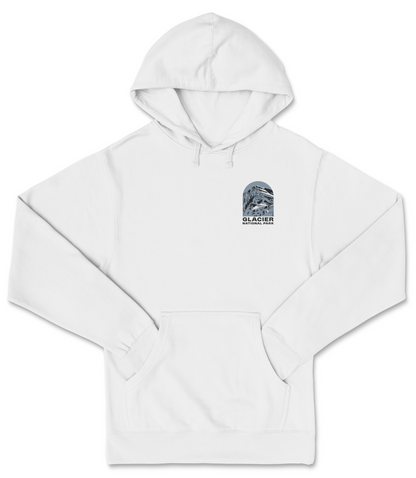 A white hoodie with a graphic design on the front, featuring a stylized image of a mountain range and the text "Glacier National Park".
