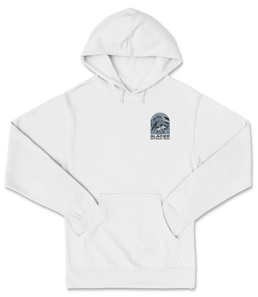 A white hoodie with a graphic design on the front, featuring a stylized image of a mountain range and the text "Glacier National Park".