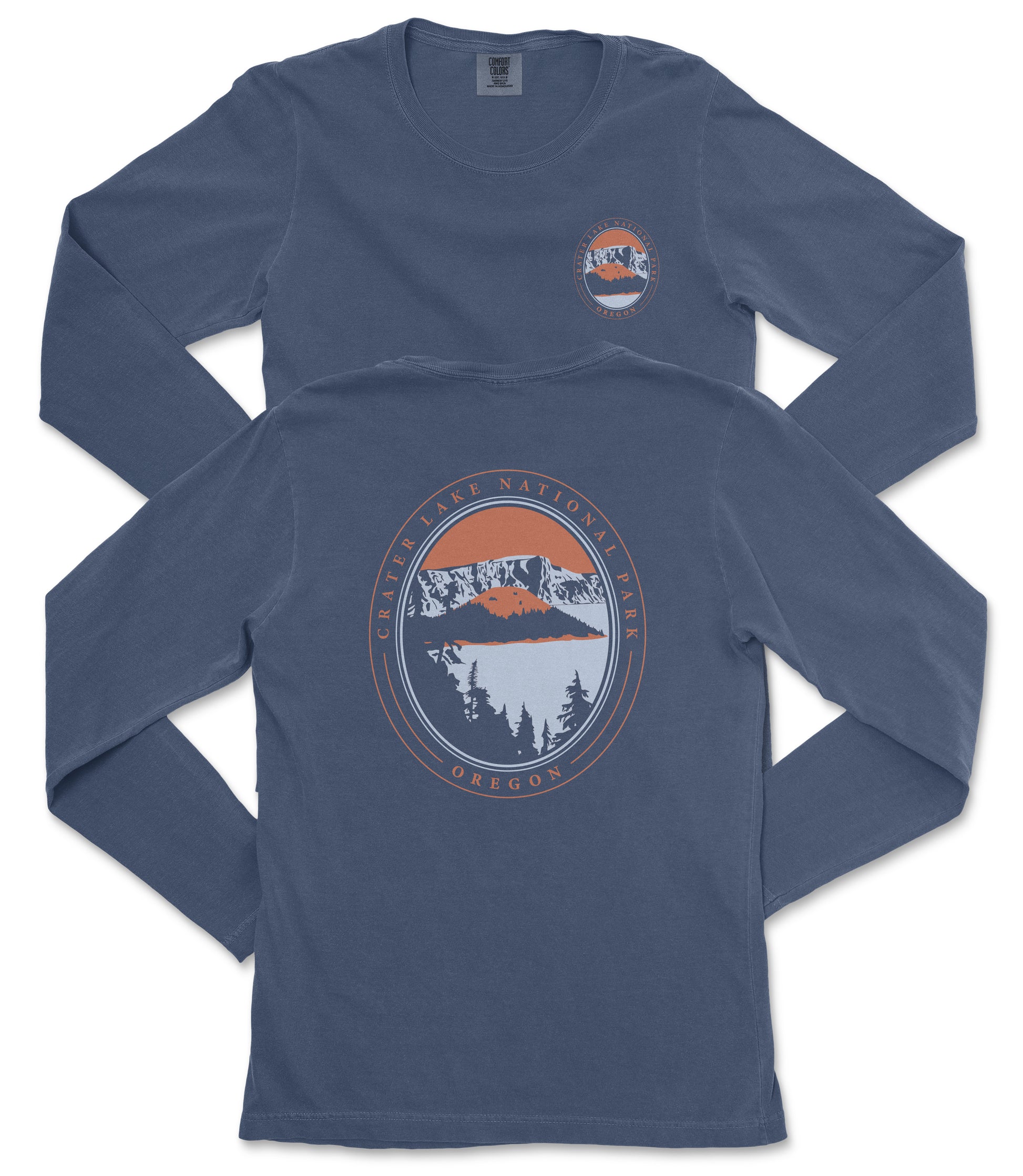 a pair of navy blue long-sleeved t-shirts with a graphic design on the back. The design features a mountain landscape with a lake and trees, along with the text "CASTER LAKE NATIONAL PARK OREGON" printed around the design.