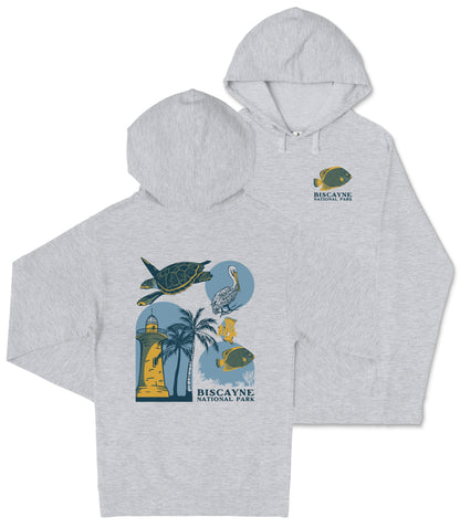 A gray hoodie with a graphic design featuring a lighthouse, a turtle, and a bird, along with the text "BISCAYNE NATIONAL PARK".
