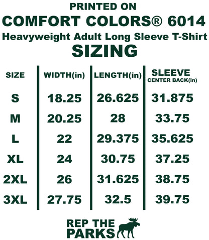 The image is a printed advertisement for a heavyweight adult long sleeve t-shirt, providing size and width information for different shirt sizes.