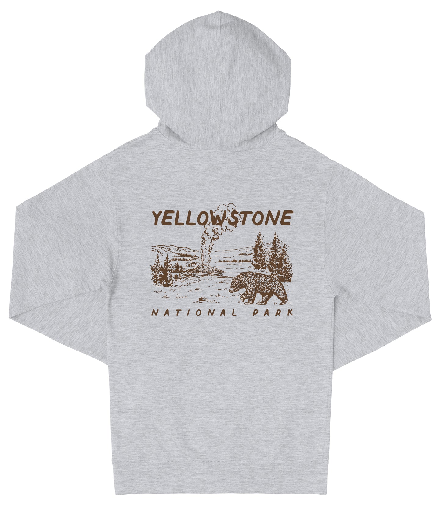 A grey hooded sweatshirt with a graphic design depicting a landscape with a bear and trees, along with the text "Yellowstone National Park".