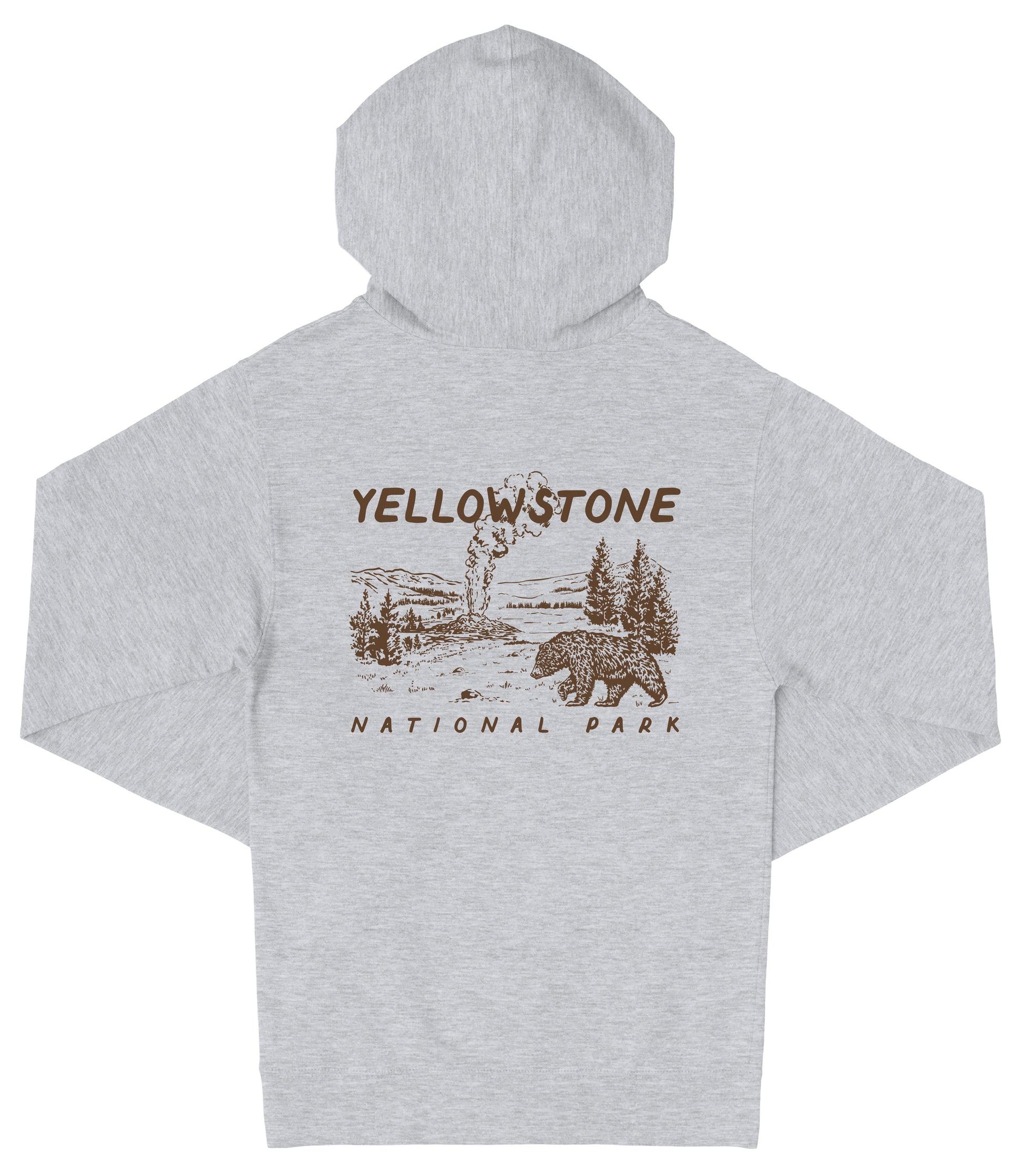 A grey hooded sweatshirt with a graphic design depicting a landscape with a bear and trees, along with the text "Yellowstone National Park".