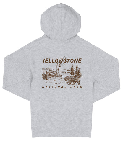 A grey hooded sweatshirt with a graphic design depicting a landscape with a bear and trees, along with the text "Yellowstone National Park".