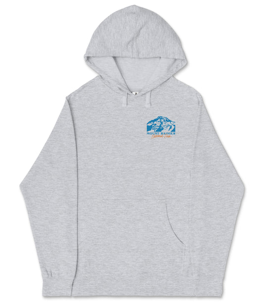 A gray hooded sweatshirt with a logo on the left side.