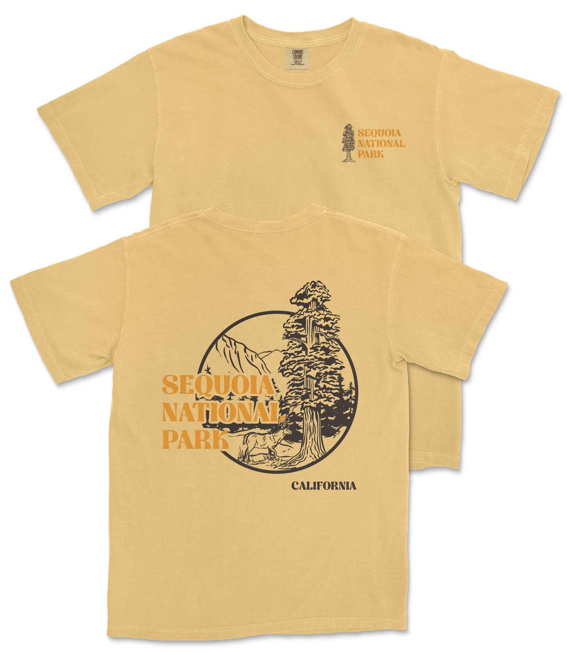 a yellow t-shirt with a graphic design depicting a tree and mountains, along with the text "SEQUOIA NATIONAL PARK" and "CALIFORNIA" printed on it.