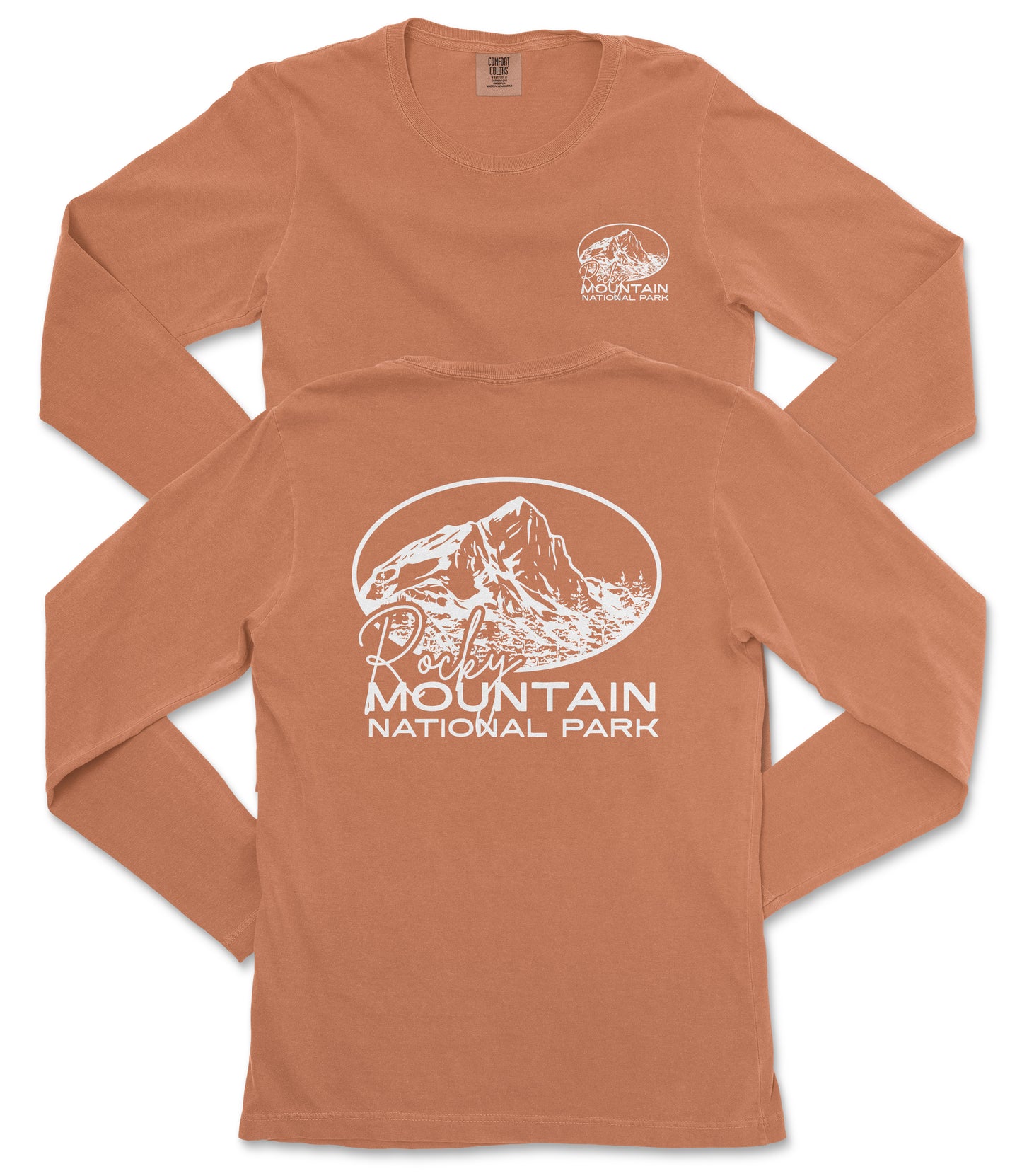 a long-sleeved orange t-shirt with a graphic design featuring a mountain and the text "Rochester Mountain National Park" printed on it.