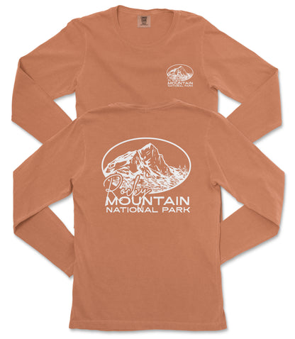 a long-sleeved orange t-shirt with a graphic design featuring a mountain and the text "Rochester Mountain National Park" printed on it.