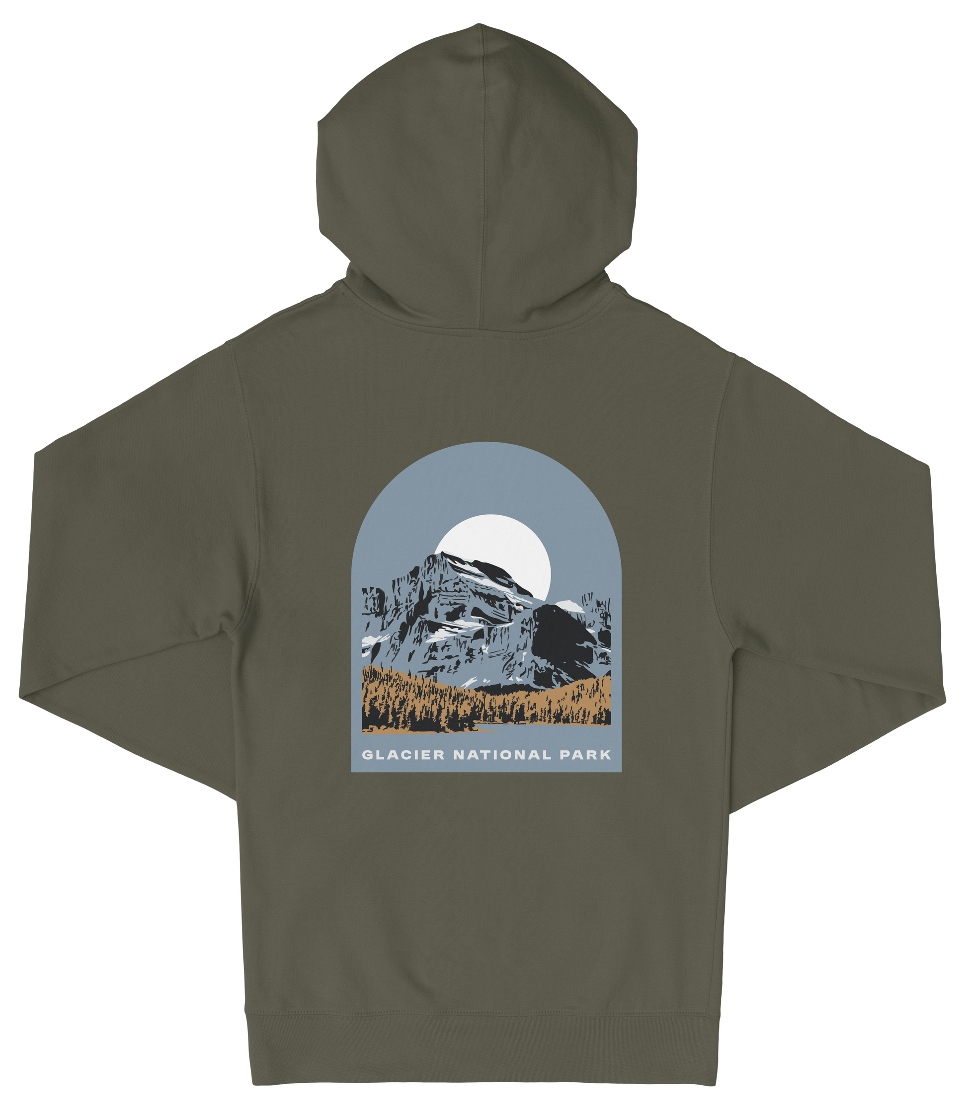 A dark green hooded sweatshirt with a graphic design depicting a mountain landscape and a full moon.