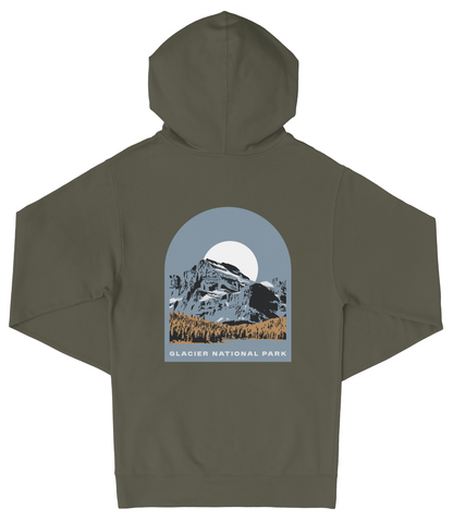 A dark green hooded sweatshirt with a graphic design depicting a mountain landscape and a full moon.