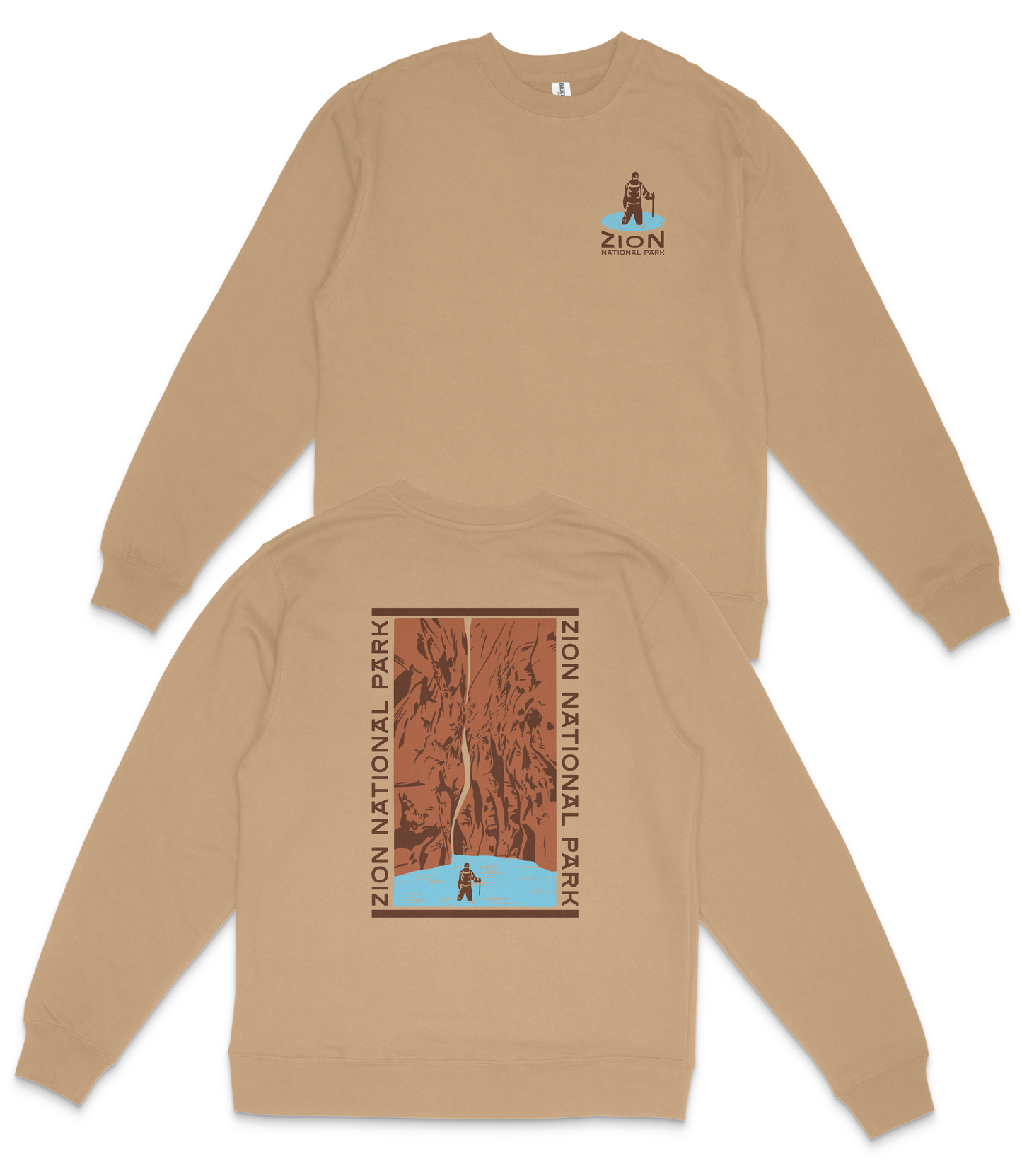 a tan sweatshirt with a graphic design on the back, depicting a person standing in front of a canyon or mountain range.