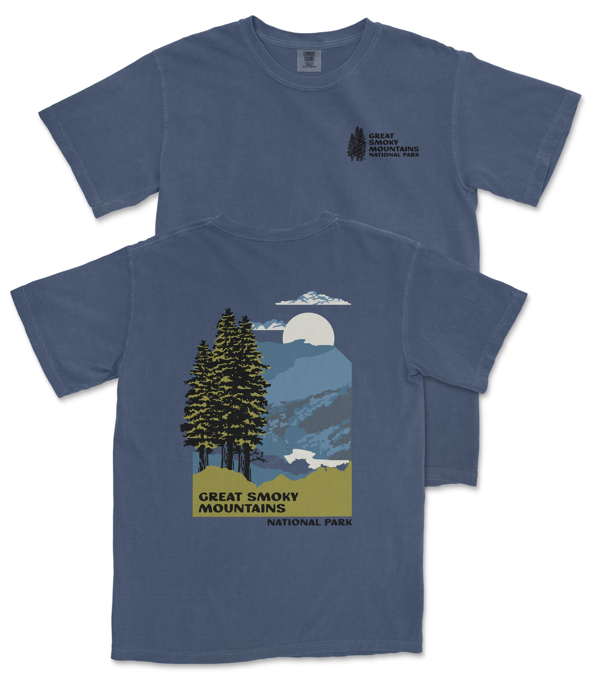 A blue t-shirt with a graphic design depicting a mountain landscape with pine trees, a full moon, and clouds. The text on the t-shirt reads "GREAT SMOKY MOUNTAINS NATIONAL PARK".