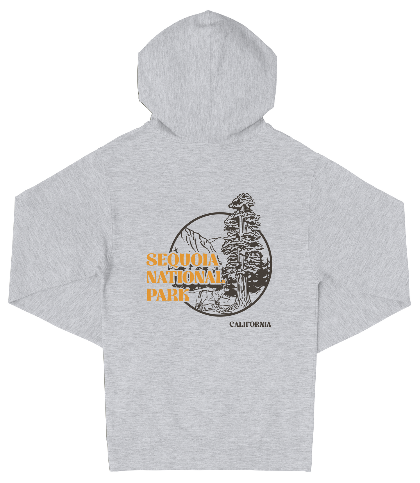 A grey hooded sweatshirt with a graphic design featuring a tree and mountains, along with the text "SEQUOIA NATIONAL PARK CALIFORNIA" printed on the back.