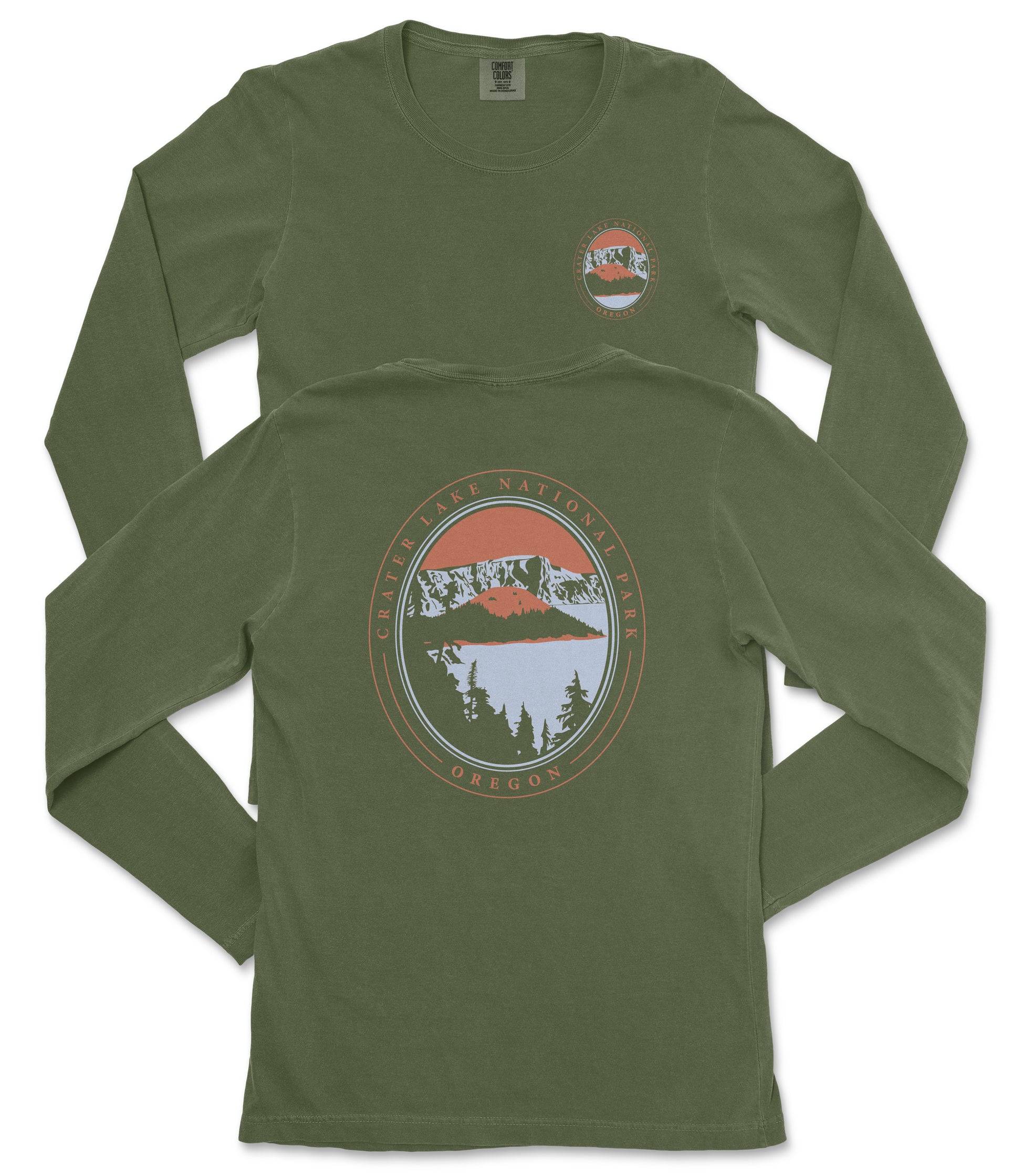 a pair of olive green long-sleeved t-shirts with a graphic design on the back. The design features a circular emblem with a mountain landscape and a lake, surrounded by a border with the text "CASTER LAKE NATIONAL PARK OREGON" printed on it.